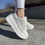 Białe Letnie Sneakersy Damskie bez pięty na wyższej podeszwie model SALARA WHITE skóra naturalna