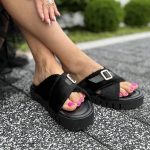 Czarne Klapki Damskie z ozdobną klamerką LURSO model ADRIA BLACK skóra naturalna