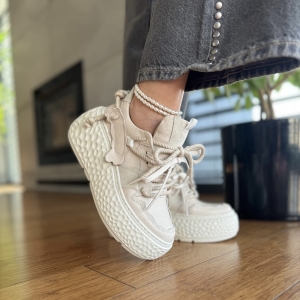 Beżowe Sneakersy Damskie na platformie SOVER BEIGE skóra naturalna