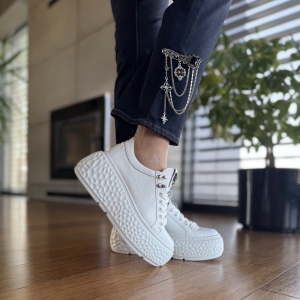 Białe Sneakersy Damskie na platformie DARE WHITE skóra naturalna