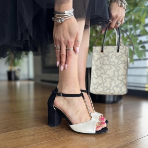 Beżowo-czarne Sandały Damskie na oblekanym obcasie LURSO model VITTORE BEIGE/BLACK skóra naturalna