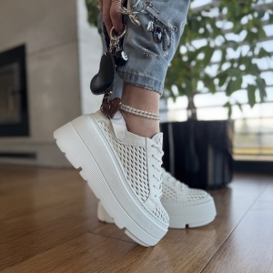 Białe Letnie Sneakersy Damskie bez pięty na platformie model ULTEN WHITE skóra naturalna