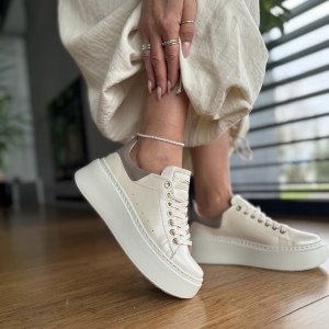 Jasnobeżowe perłowe Sneakersy Damskie LURSO model ARLETTE LIGHT BEIGE PEARL skóra naturalna