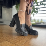 Czarne Czółenka Damskie na grubej podeszwie LURSO model MARTINE BLACK skóra naturalna