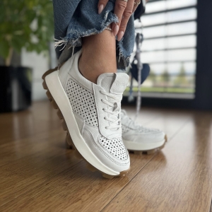 Białe Sportowe ażurowe Sneakersy Damskie LURSO model FANNA WHITE skóra naturalna