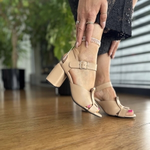 Beżowe Sandały Damskie na obcasie LURSO model FERRIO BEIGE skóra naturalna