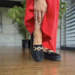 Czarne Slipony Damskie z ozdobą model YVONNE BLACK MAT