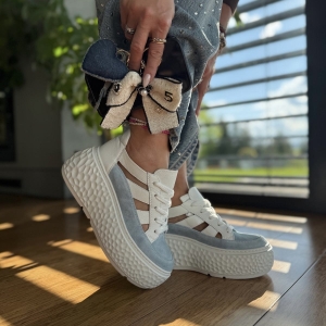 Błękitno-białe Sneakersy Damskie na platformie ZERI BLUE skóra naturalna