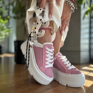 Jasnoróżowe Letnie Sneakersy Damskie bez pięty na platformie model ULTEN LIGHT PINK skóra naturalna
