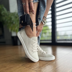 Beżowe welurowe minimalistyczne Trampki Damskie LURSO model TIANA LIGHT BEIGE skóra naturalna