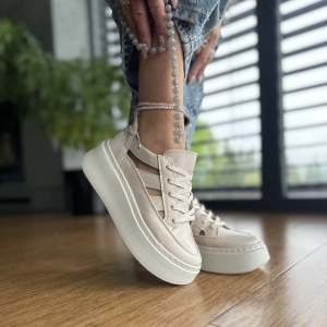 Beżowe Sneakersy Damskie LURSO na podwyższonej podeszwie model   ORIOLO BEIGE skóra naturalna