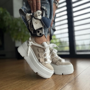 Beżowe Sneakersy Damskie LURSO na wyższej podeszwie model TRANI BEIGE skóra naturalna