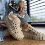 Beżowe ażurowe Sneakersy Damskie na wyższej podeszwie LURSO model CELIA BEIGE skóra naturalna