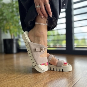 Beżowe Klapki Damskie LURSO model MEDOLE BEIGE skóra naturalna