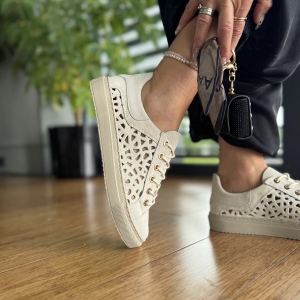 Beżowe ażurowe Trampki Damskie LURSO na płaskiej podeszwie model LILY BEIGE skóra naturalna