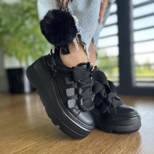 Czarne Sneakersy Damskie na podwyższonej podeszwie TRANI BLACK skóra naturalna