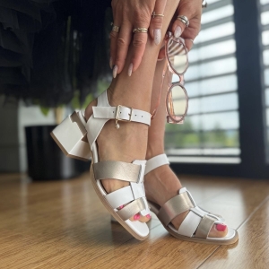 Biało-złote Sandałki Damskie na obcasie z LURSO model BONSI WHITE GOLD skóra naturalna