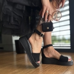 Czarne Sandałki Damskie LURSO na koturnie model FONTA BLACK skóra naturalna