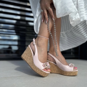 Jasnoróżowe Sandałki Damskie na koturnie model LAVIA LIGHT PINK skóra naturalna