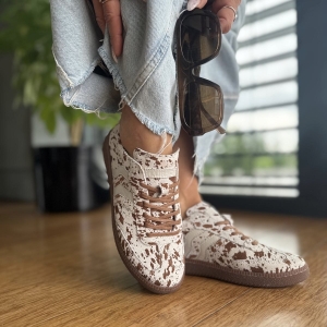 Cętkowane Beżowe Sneakersy Damskie z paskami LURSO model PORTO BEIGE skóra naturalna