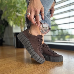 Czekoladowe Sneakersy Damskie na platformie ISCA CHOCOLATE skóra naturalna