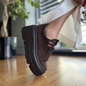 Czekoladowe Sneakersy Damskie na podwyższonej podeszwie GELA CHOCOLATE BROWN skóra naturalna