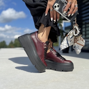  Bordowe licowe Sneakersy Damskie na podwyższonej podeszwie GELA BORDO skóra naturalna