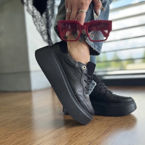 Czarne Sneakersy Damskie na podwyższonej podeszwie LABRO BLACK skóra naturalna
