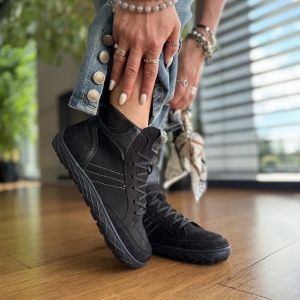 Czarne wyższe ocieplane Trampki Damskie LURSO typu barefoot model ZOCCA BLACK skóra naturalna