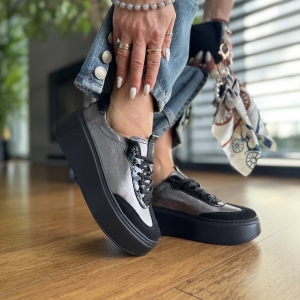 Srebrno-czarne Sneakersy Damskie LURSO model MOSSA SILVER/BLACK skóra naturalna