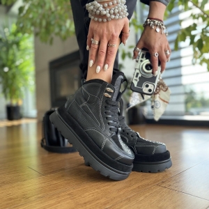 Czarne Matowe Wyższe Sneakersy Damskie na platformie model DORIO BLACK MAT skóra naturalna
