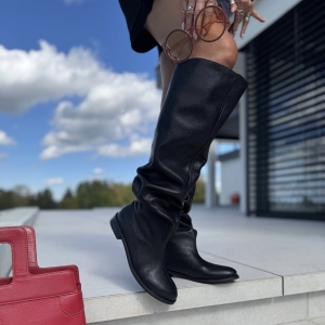 Czarne Kozaki Damskie na płaskie podeszwie model PATTEN BLACK skóra naturalna