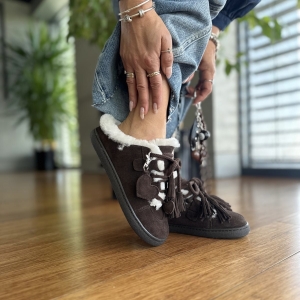Czekoladowe Ocieplane Mule Damskie typu barefoot model INTRO CHOCO skóra naturalna