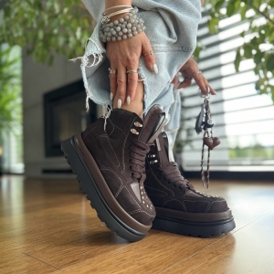 Czekoladowe Wyższe Sneakersy Damskie na platformie model DORIO CHOCO skóra naturalna